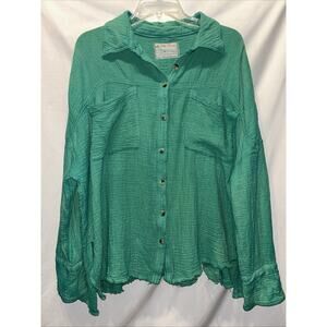 We The Free Medium Cardiff Cotton Gauze Shirt Green Oversized Lagenlook Raw Hem